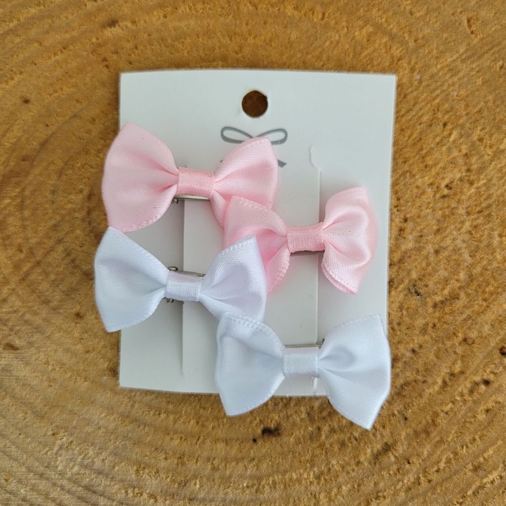 Handmade 4 Mini Pink & White Bow Hair Clips Set